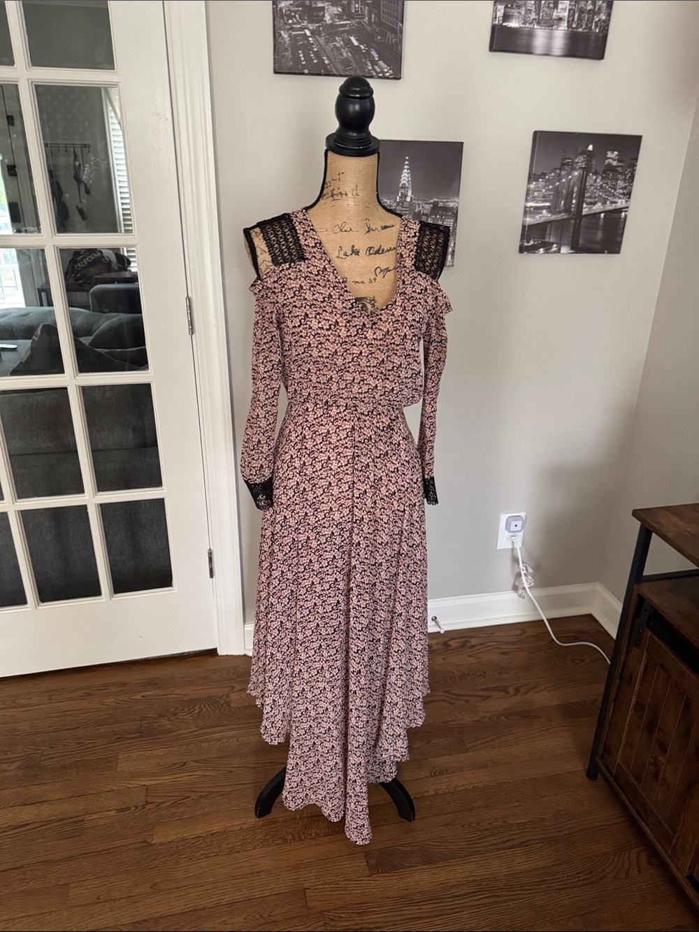 Maje Pink Floral High-Low Maxi Dress with Black Lace Accents